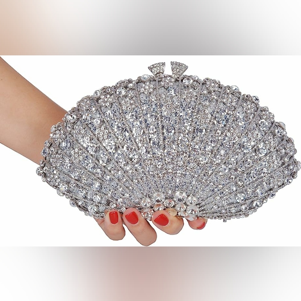 NEW Shell Shape Clutch Purse Sparkling Bling Crystal Rhinestones Silver or Gold - Picture 4 of 11